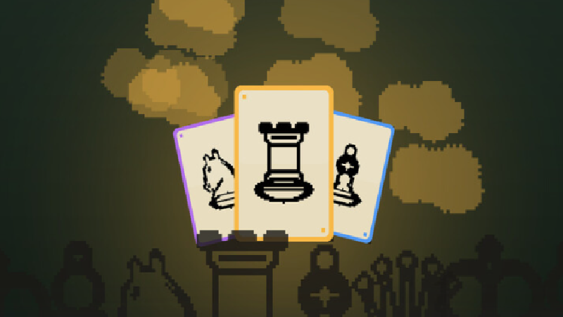 Pixel art key art: three glowing spell cards hovering over a stone pedestal